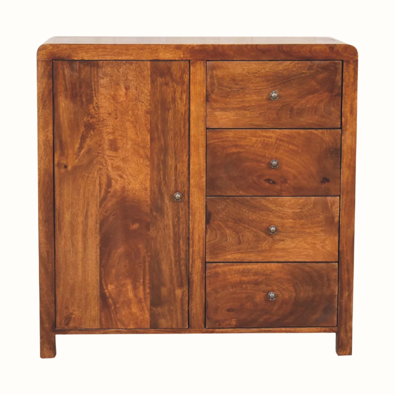 Square storage cabinet with curved edges, made from wood in a dark brown stain. 