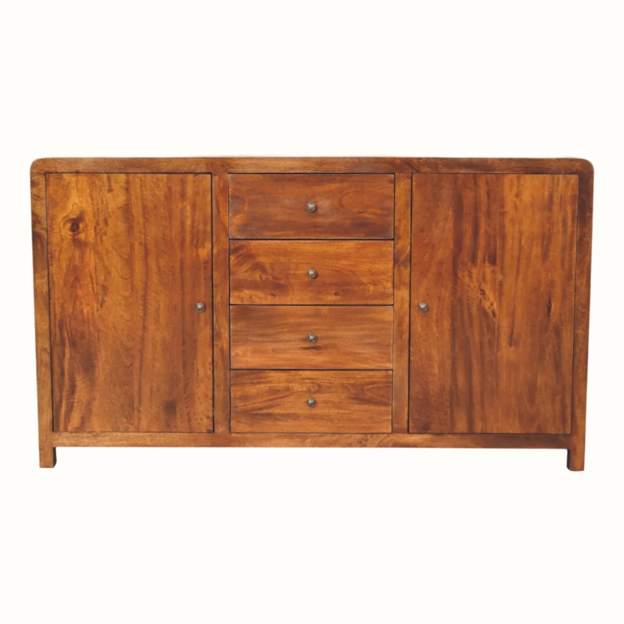 Large rectangle solid wood sideboard in a dark brown stain and with storage.