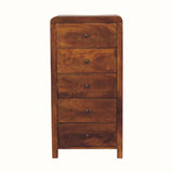 Curved rectangle shaped tallboy with 5 drawers made from dark brown wood.