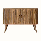 Striped wooden sideboard in a light brown finish.