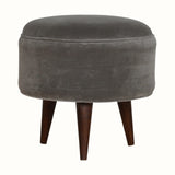 Button Velvet Footstool - Grey/Walnut