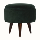 Button Velvet Footstool - Emerald Green/Walnut