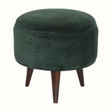 Button Velvet Footstool - Emerald Green/Walnut