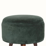 Button Velvet Footstool - Emerald Green/Walnut