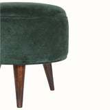 Button Velvet Footstool - Emerald Green/Walnut