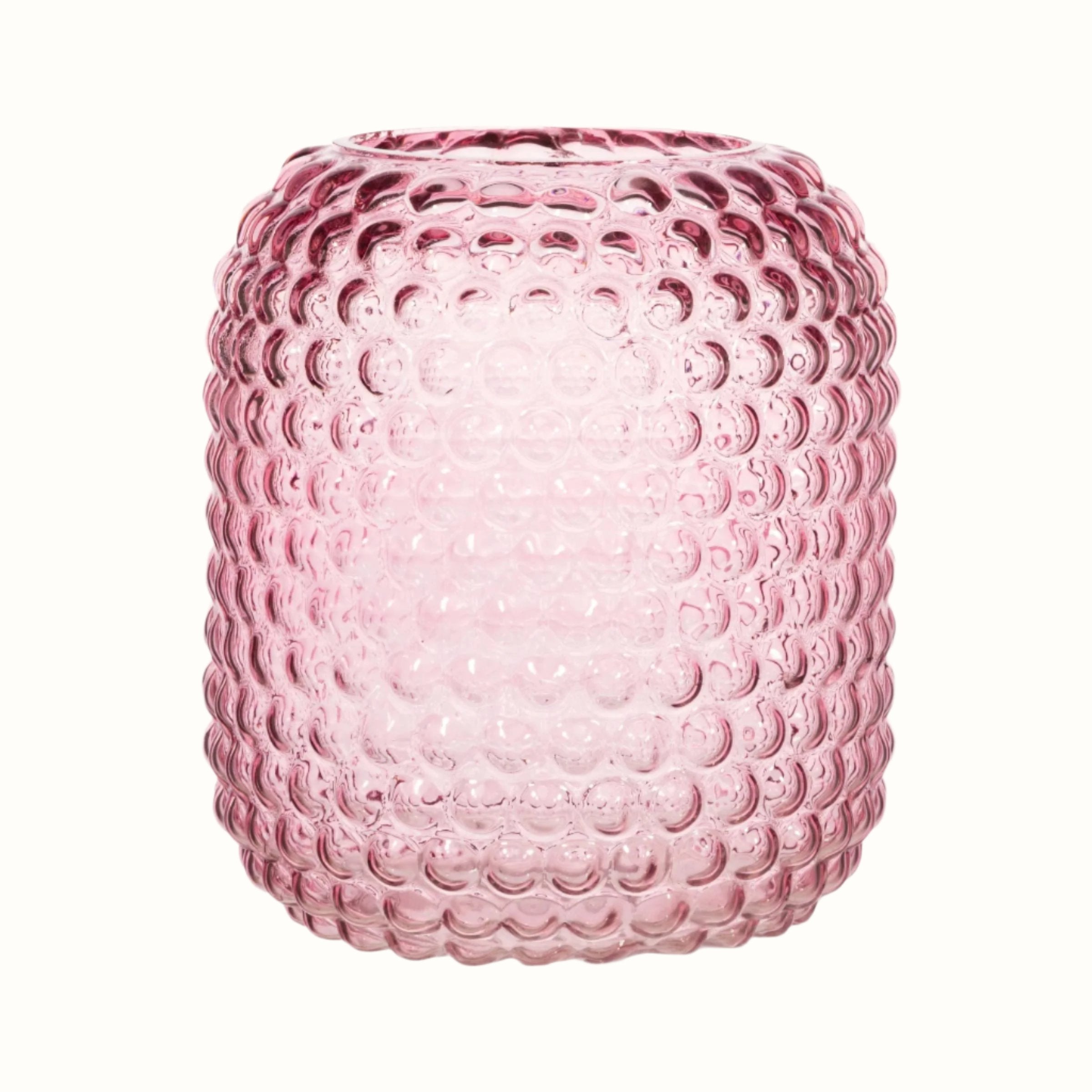 Large curved vase in pink glass finish with bubble texture.